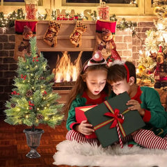 2- 3 Ft Artificial Mini Christmas Tree, Tabletop Christmas Tree with 70 LED Warm Lights, Mini Xmas Tree with Pine Cone for Tabletop, Home, Office, Holiday