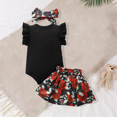 Baby Girl 2Pcs Outfit Black Ruffle Sleeve Bodysuit Red Rose Floral Skirt Headband Set Newborn Infant Summer Clothes