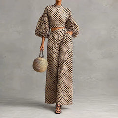 Vintage Polka Dot Matching Suits Women Mock Neck Lantern Sleeve Cropped Short Blouse & Loose Pants Sets Casual Two Piece Outfits