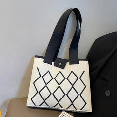 Rhombus Line Knitted Hand Bag Female All-Match Snap Button Portable Tote Bag Large Capacity Student Fine Needle Wallet Autumn