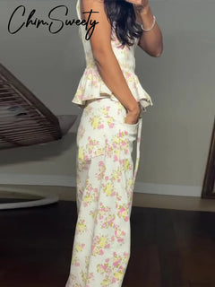 Elegant Printed Women's Vest Trouser Suits Sleeveless Ruffle Wide Leg Pants Lady Set 2026 Spring Summer 2 Pieces Set Women New