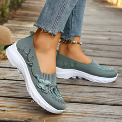 2026 Summer Women Breathable Knit Floral Embroidery Platform Loafers Slip On Walking Shoes Lightweight Soft Cushion Insole Anti Slip Wedge Sole Comfort Casual Daily Outdoor Travel Nurse Footwear Black Khaki Green Multiple Siz