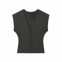Women Fashion 2-Piece Set Single-breasted Sleeveless V-Neck Pinstripe Vest+Summer Pleated Loose Pocket Belt Zipper Pants