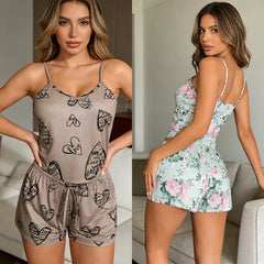 Women Sexy Pajama Ladies Satin Pajama Print Round Neck Ice Silk Top T-Shirt and Shorts Sets Breathable Comfortable Home Wear New