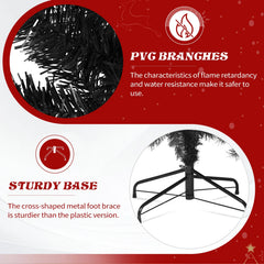 7.5FT Black Pre‑lit Artificial Christmas Tree, Hinged Xmas Tree with 350 Warm White LED Lights Remote Control, 1200 Branch Tips with Tree Skirt & Red Ornaments for Holiday Home Decor