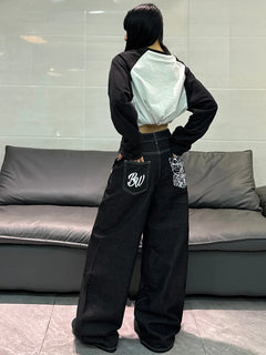 American High Street Cartoon Print Design Black Women's Loose Wide Leg Jeans Y2K Street Fashion Versatile Trousers