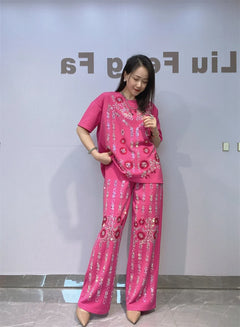 Summer Sequins Flower Short Sleeve T Shirt & Wide Leg Pant Sets Woman