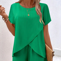 New Fashion Elegant Office Ladies Set Casual Set With Irregular Short Sleeve Blouses Loose Long Pants Two Piece Outfit Women's