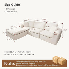 Modular Cloud Sectional Sofa, No Assembly Boneless Couch, High Back Pillows, Living Room & Apartment Durable Fabric, Customized