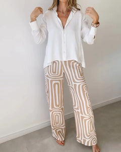 Elegant Office Lady Casual Suit Fashion Solid Long Sleeve Lapel Shirt Elastic Waist Print Trousers Two Piece Set 2024 Autumn New