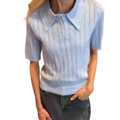 Elegant Women's Summer Hollow Out Knit Tops Short Sleeve Turn Down Collar Solid Color Cutout T-shirt