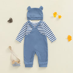 Cute Infant Newborn Baby Boys 3Pcs Outfit Cute Baby Clothes Long Sleeve Striped Romper Animal Embroidery Overalls Hat Clothes