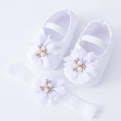 Spring Infant Baby Girl Shoes Newborn Lace Flowers Headband Anti-Slip Soft Sole First Walkers Toddler Kids Cotton Baptism Shoes