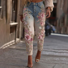 3D Floral Women's Straight Leg Jeans Fashionable and Casual Stretch