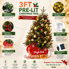 3‘ Artificial Christmas Tree Pre Lit Fiber Optic with 78 Warm White LED Lights 8 Mode Lighting Sleigh Ride Base USB Powered Battery Operated Tabletop Xmas Tree No Assembly