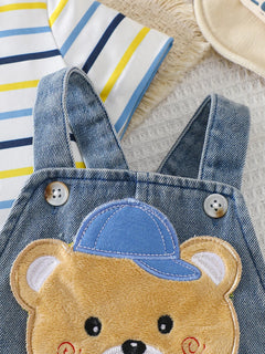 Baby Boy Striped Short-Sleeved T-Shirt + Bear Denim Overalls Shorts