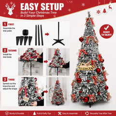 Foldable Christmas Tree with LED Lights Snow Flocked Artificial Xmas Tree Slim Space Saving Party Home Holiday Decoration