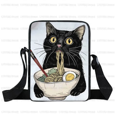 Japanese Black Cat Eating Ramen Print Crossbody Bag Women Shoulder Bag for Travel Phone Wallet Holder Teenager Messenger Bags