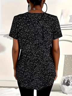 plus size women's summer new short sleeved casual polka dot top V-neck zipper curved hem T-shirt daily essential
