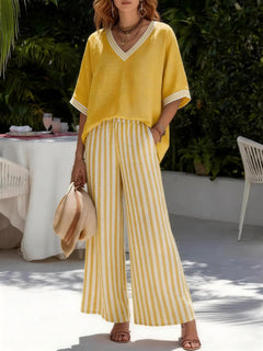 Women's Linen Two Piece Set Fashion V Neck Contrast Half Sleeve Loose Top High Waist Striped Wide Leg Pants Summer Casual Outfit