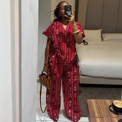 Women Two Pieces Pant Sets Solid Matching Set Pullover V Neck Printing Top High Waist Lace Up Pants Loose Fit Casual 2025 Summer