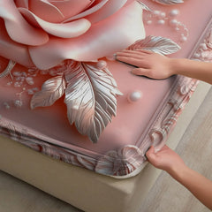 1pc 3D Embossed Pink Rose Print Fitted Sheet Deep Pocket Elastic