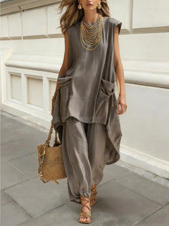 Women Loose Two-piece Sets Sleeveless Large Pockets Irregular Long Top Wide-leg Trousers Summer Casual Holiday Solid Color Suits