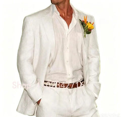 Beige Linen Men Suits 2 Pieces Beach Wedding American Style Jacket