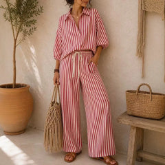 Fashion Stripe Two Piece Set Women Summer Autumn Casual V Neck Long Sleeved Top Wide Leg Pants 2 Piece Suit Women Outfit Sets