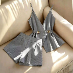 Women Striped 2 Piece Set V-neck Top Lace Up High Waist Pleated Wide Leg Shorts Summer Fashion Office Ladies Commuting Outfit