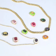 Neon Enamel Pink Heart Rectangle Charm Necklace Bling Colorful CZ Geometric CZ Beaded Tennis Cuban Chain Fashion Women Jewelry