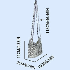 Silver Shiny Bag Handmade Woven Beaded Sequin Bag Mobile Phone Bag Long Shoulder Strap Single Shoulder Crossbody Bag for Women