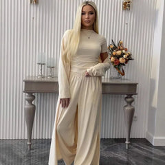 Pant Set Women Three Piece Sets Round Neck Short Sleeve Shirt Straight Pants Lace Up Long Robe Y2k Streetwear Work Casual 2026