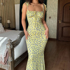 Summer Floral Midi Dress Women Spaghetti Strap Tie-Up V-Neck Split