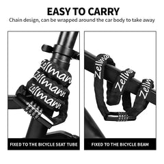ZELLMANN Anti-theft Motorcycle Bicycle Lock MTB Road Bike Safety Chain Locks with Four Digit Combination Lock Bike Accessories