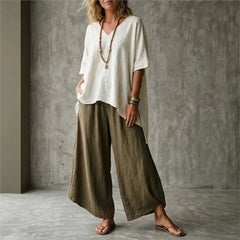 Summer New Loose Retro Short-sleeved T-shirt Trousers 2-piece Set Women's Fashion Irregular Top + Wide-leg Trousers Set Female