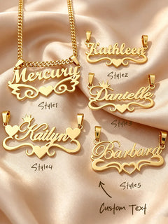 Personalized custom name jewelry necklace, featuring 5 different styles, crafted from 18k gold stainless steel, perfect for ever