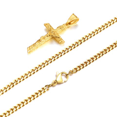 Stainless Steel Cross Necklace Catholicism Jesus Pendant Gold Color Collar Church Prayer Faith Jewelry for Men Women Gift