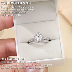 Newshe Women's D VVS1 Full Moissanite Engagement Ring Set 925 Sterling Silver Halo Oval Cut Bridal Wedding Rings Fine Jewelry