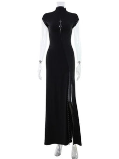 CNYISHE Short Sleeve O Neck Women Dresses Split Metal Buckle Solid Sheath Sexy Club Fashion Evening Party Outfits Female Bodycon