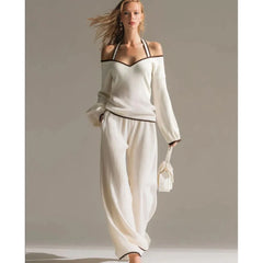 Women Sexy Off-shoulder Long-sleeved T-shirt Trousers 2piece Set Fashion Loose Elegant Color-blocked Pocket Trousers Female Suit
