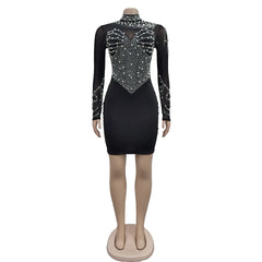 CM.YAYA Women Long Sleeve Mesh Diamonds Hot Rhinestones Mini Dress 2024 Summer Evenning Sexy Party Night Club Dresses Vestidos