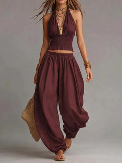 Summer Women Fold Waist 2PCS Boho Outfit Halter Neck Crop Top+Wide Leg Pants Set Casual Summer Beach Linen Matching Sets