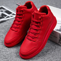 Keep Warm Men's Red High-Top Leather Skate Shoes Flat Lace-Up Sneakers Versatile Casual Streetwear Non-Slip Grip Sole Footwear