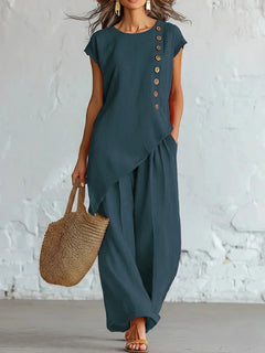 Women 2 Piece Set Elastic Waist Pocket Button Decorate Wide Leg