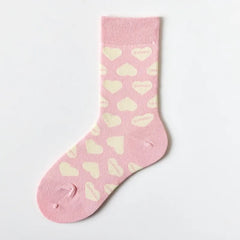 New Women Socks Cute Love With Heart Print Sock Cotton Harajuku Vintage Happy Female Dots Heart Kawaii Sox White Pink Crew Sock