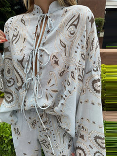Casual Printed Women's Shirt Trouser Suits Lace Up Long Sleeve Loose