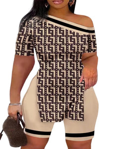 Print Two Piece Shorts Sets Women Skew Collar Short Sleeve Shirts Side Split Tops Pullover Elastic Waist Trousers Summer 2025