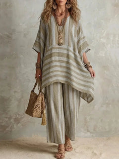New Women's Two Piece Spring/summer Fashion V-Neck Loose Striped