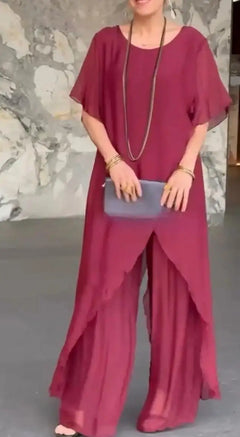 Women Summer Chiffon Pant Sets Short Sleeve Solid Irregular Splicing Long Blouse Wide-leg Pants Casual Loose Trousers Suits Robe